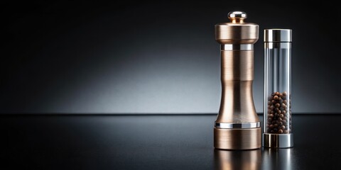 Luxury salt and pepper mill on a sleek black background with metallic accents and a modern design, black backgrounds