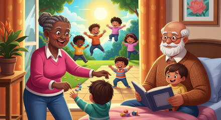 Joyful Family Moments Grandparents and Grandchildren Playing and Reading Together in a Bright and Warm Home Setting