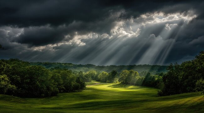 Sunbeams pierce a dramatic, dark sky above a verdant landscape of trees and a rolling green field