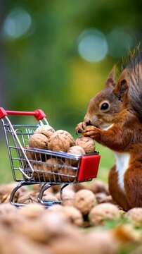 A fluffy squirrel holds a walnut and reaches in a miniature red shopping cart overflowing with fresh harvested nuts on grass.