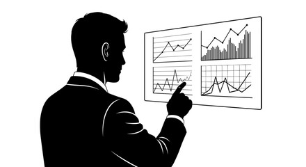 Businessman analyzing data graphs on a presentation screen on a transparent background