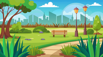 cartoon nature park landscape with trees, walking path and bench