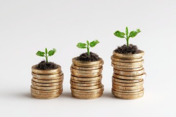 Gold coins stacked high, growing plants on top