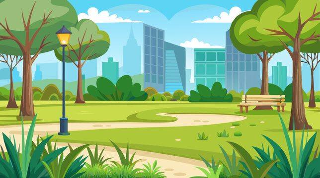 cartoon nature park landscape with trees, walking path and bench