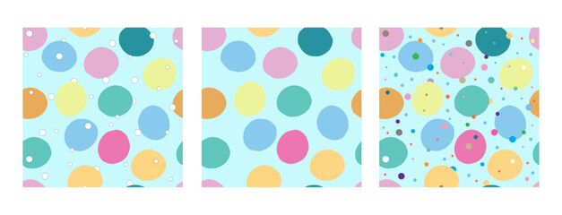 Set of three beautiful seamless abstract polka dot patterns on  blue background. Orange, yellow, blue, dark green, green and pink colors. For wallpaper, textiles, packaging, background, website.