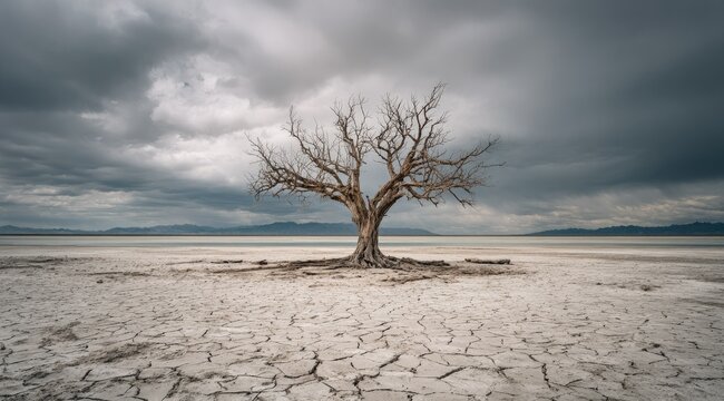 A lone, leafless tree stands starkly in a vast, cracked, dry landscape under a brooding, gray sky.  The scene evokes feelings of isolation and aridity - Powered by Adobe