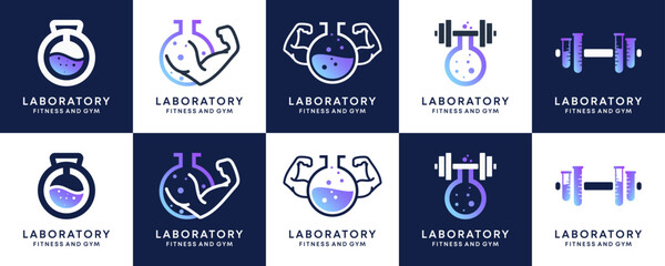 Collections of Healthy Lifestyle with Lab Glass, Logo Design Inspirations. Abstract Vector Combine of Wellness and Science Research Concept.