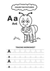 Illustration Isolated Animal Alphabet Trace and color Letter A-Ant