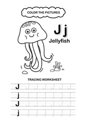 Illustration Isolated Animal Alphabet Trace and color Letter J-Jellyfish