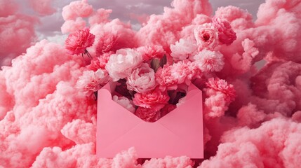 A pink envelope surrounded by fluffy pink clouds and flowers. The scene conveys a soft, romantic atmosphere, ideal for love letters or invitations.