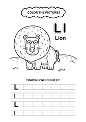Illustration Isolated Animal Alphabet Trace and color Letter L-Lion