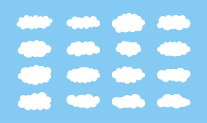 Flat cloud set. Simple cloudy shapes. White puffy eddy in blue sky. Abstract comic weather elements. Objects cloudscape for game. Vector collection