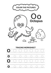 Illustration Isolated Animal Alphabet Trace and color Letter O-octopus