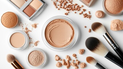 Cosmetic products arranged on a white surface. Includes various powders, brushes, and containers. Ideal for beauty and makeup themes.