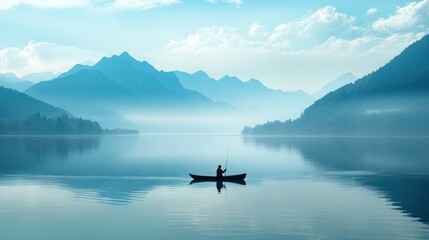 Fototapeta premium Solitude on Misty Lake: A Serene Fishing Scene
