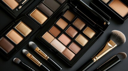 A collection of makeup palettes and brushes arranged on a black surface. The palettes feature various shades of brown and gold. Makeup brushes are included.