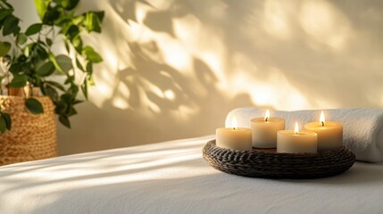 A serene spa setting with lit candles on a woven tray. A soft towel is placed beside the candles. Green plant adds a touch of nature to the calm atmosphere.