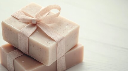 Two stacked gift boxes wrapped in soft pink ribbon. The boxes are made of natural soap, showcasing a minimalist and elegant design.