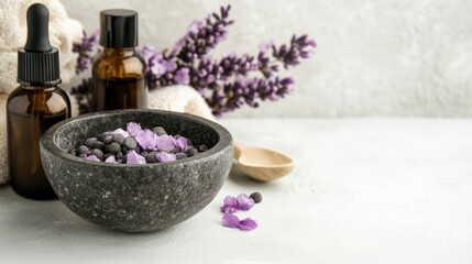 A dark stone bowl filled with purple bath salts sits on a light surface. Two amber glass bottles and lavender flowers are arranged nearby.