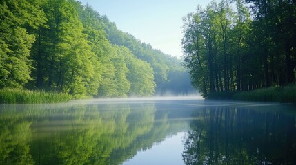 A serene lake surrounded by lush green trees. Mist rises from the water, creating a tranquil atmosphere. The scene captures the beauty of nature in the early morning light.