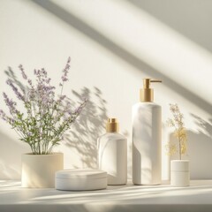 A minimalist arrangement of white cosmetic bottles and jars with golden accents. Lavender flowers in a pot add a touch of nature to the scene.