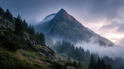 A majestic mountain peak shrouded in mist, with evergreen trees clinging to the lower slopes, bathed in the soft light of either dawn or dusk