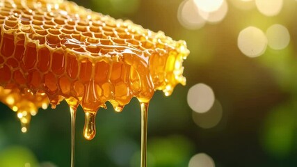 Close-up of golden honey dripping from a natural honeycomb against a blurred green background with sunny highlights. - Powered by Adobe