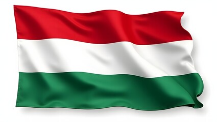 Photorealistic Hungarian flag with horizontal red, white, and green stripes. Realistic fabric texture with soft folds. Isolated on white background.