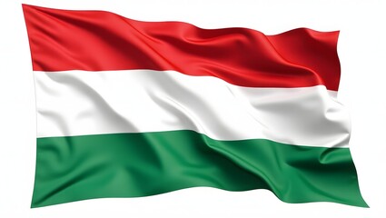 Obraz premium Photorealistic Hungarian flag with horizontal red, white, and green stripes. Realistic fabric texture with soft folds. Isolated on white background.
