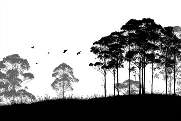 Silhouettes of trees and birds on a hill