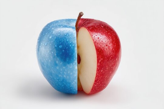Divided apple, half blue, half red, with water droplets