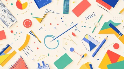 Abstract design elements scattered on a surface. Colorful geometric shapes and lines
