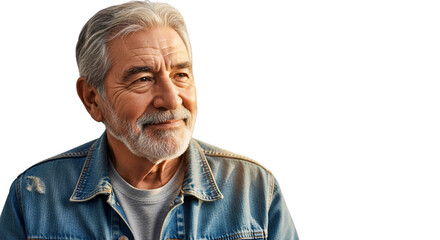 Thoughtful senior man with gray beard reflecting, isolated on white & transparent background, ideal for retirement planning, mental health articles, aging gracefully, family storytelling,
