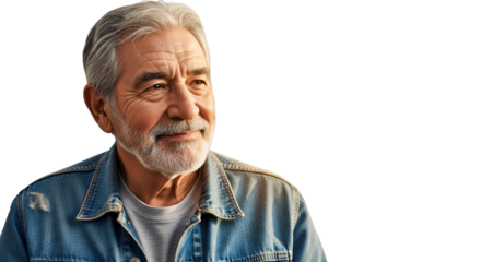 Thoughtful senior man with gray beard reflecting, isolated on white & transparent background, ideal for retirement planning, mental health articles, aging gracefully, family storytelling,