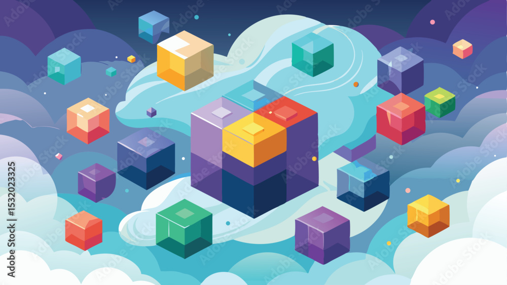 Poster abstract cubes floating in a stylized cloudscape with gradient colors and transparency