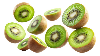 Fototapeta premium A vibrant assortment of kiwi fruit slices suspended in mid air, isolated
