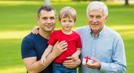 Three Generation Family Portrait with Father Son and Grandfather Smiling Outdoor with Present in Hand