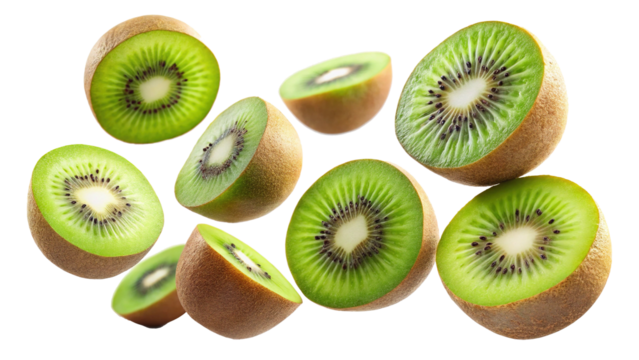 A vibrant assortment of kiwi fruit slices suspended in mid air, isolated