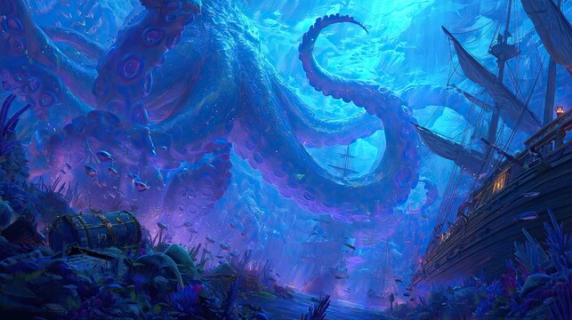 Mystical Underwater Shipwreck With Glowing Octopus