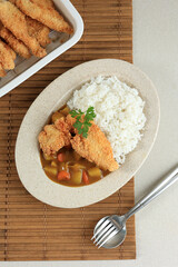 Top View Chicken Cutlet Japanese Curry with Rice