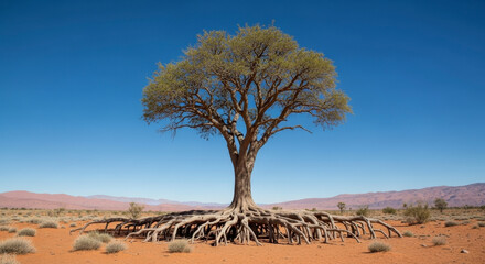 Isolated Tree With Exposed Roots Stands In Desert Landscape Under Bright Blue Sky During Daytime