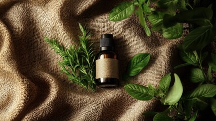 Dark glass bottle with natural herbs on burlap.