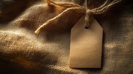 Empty tag tied with twine on a linen fabric.