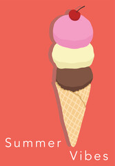 Three Tier Ice Cream Vertical layered in variety flavours of Strawberry, Vanilla, and Chocolate Design Illustration editable vector