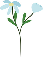 light blue flowers with yellow centers and green stems, illustrated in a simple flat style