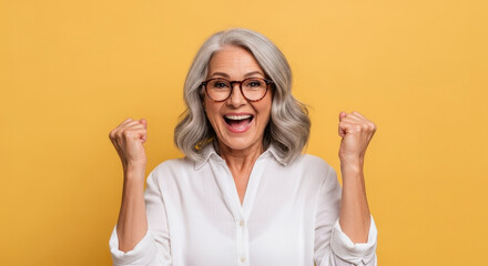 Happy Senior Woman with Grey Hair Wearing Glasses and White Shirt on Yellow Background Smiling with Hands Up