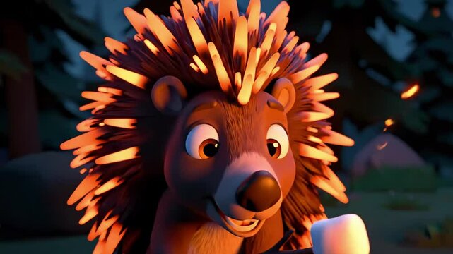 A playful cartoon hedgehog holding a marshmallow in a forest at dusk, with soft lighting creating a whimsical atmosphere - porcupine cartoon