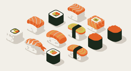 Flat vector graphic of sushi rolls with clear background