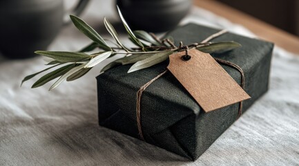 A dark-green gift, simply wrapped in twine, adorned with an olive branch and a blank kraft tag, rests on a light-colored linen surface
