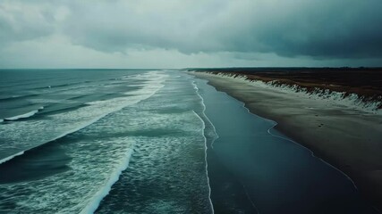 Drone captures serene Baltic Sea beach under moody clouds on a tranquil day, Drone footage of the Baltic Sea beach during a cloudy day in Latvia - Powered by Adobe